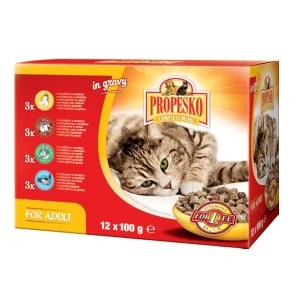 PROPESKO Cat hovězí, kuřecí, králičí a losos, kapsa 100 g (12 pack)