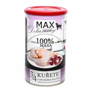 MAX Deluxe Dog 3/4 kuřete s drůbežími žaludky, konzerva 1200g